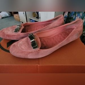 Coach salmon pink suede flats with chocolate rhinestone bow!